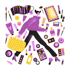 Makeup artist with brushes and suitcase, tools and cosmetics. Isolated character and objects