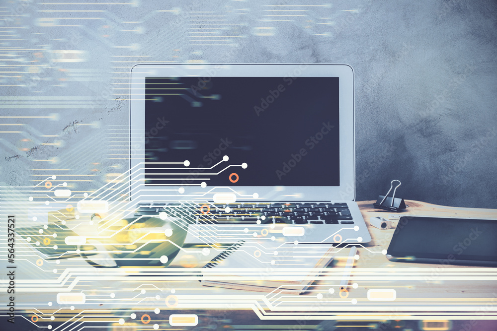 Poster Double exposure of desktop computer and technology theme hologram. Concept of software development.