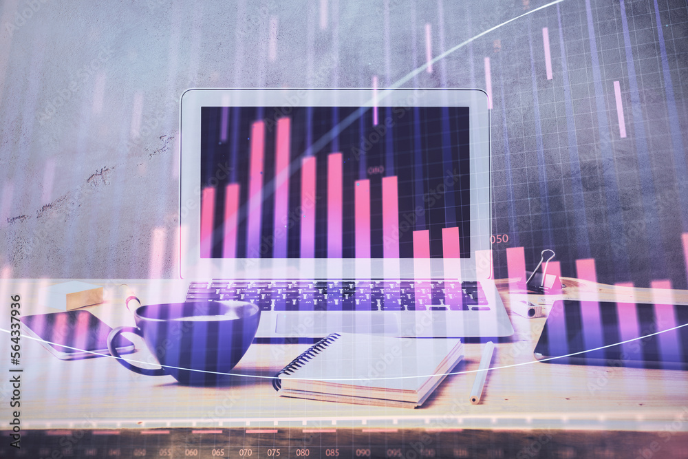 Poster multi exposure of forex graph and work space with computer. concept of international online trading.