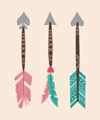 A set of arrows with colored feathers. Elements for design of a greeting card, invitation, print and sticker. Illustration for Valentine's day. Cute romantic clip art.