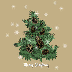 Christmas wreath made of branches of a Christmas tree, cones and toys. Postcard Happy New Year in golden shades