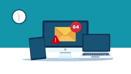 too many e-mails and spam alert concept motion animation.Responsive digital device.computer, laptop and tablet with clock. Flat design.