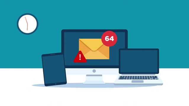 too many e-mails and spam alert concept motion animation.Responsive digital device.computer, laptop and tablet with clock. Flat design.
