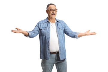 Excited mature man gesturing with hands