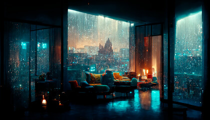 Cozy cyberpunk style futuristic interior, room with amazing view on the city. AI