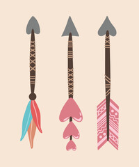 A set of arrows with colored feathers. Elements for design of a greeting card, invitation, print and sticker. Illustration for Valentine's day. Cute romantic clip art.