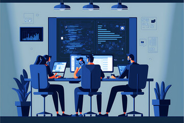 dark slate blue Flat vector illustration web designer and programmer team meeting and working collaboration concept




