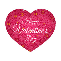 Happy valentine's day. Pink greeting card. Heart decorated with pink flowers in paper cut style