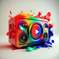 a music speaker drawn on a white background with bright colors of the rainbow with a large play button and the colors of the dust come out like bass