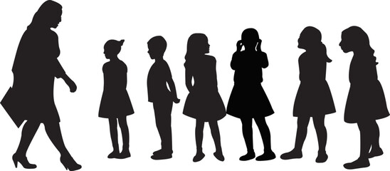 teacher and girls together, silhouette vector