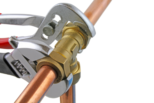 Plumbing wrenches adjusting fitting on pipework. transparent png.