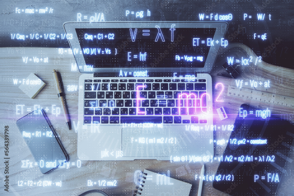Poster desktop computer background and formula hologram writing. double exposure. education concept.