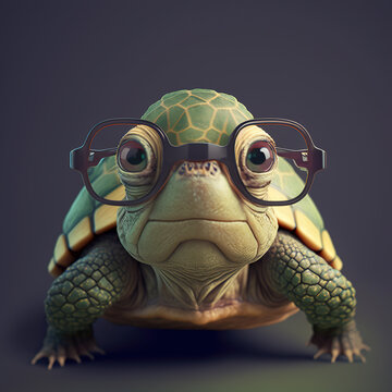 Cute little green turtle with glasses. Generative AI.