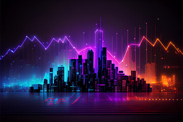 Fototapeta premium Neon Financial stock market chart against the backdrop of a night city, business investment concept and futures and stock trading. 3D rendering. City or Country GDP. Generating Ai.