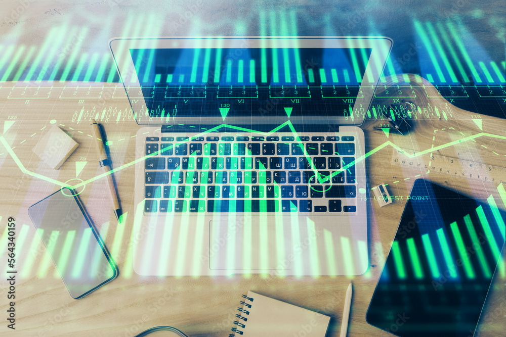 Aufkleber double exposure of desktop computer and technology theme hologram. concept of software development.