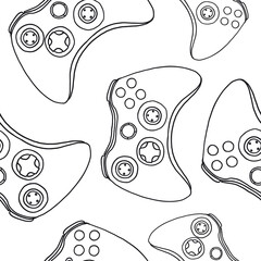 Seamless pattern of game controllers. Vector illustration in hand-drawn outline flat style on white background