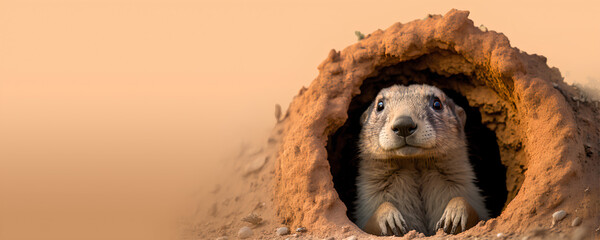Groundhog Peeking out of Burrow Hole, Groundhog Day Concept, Social Media Banner, Copy Space for Text, Isolated Background, Generative AI
