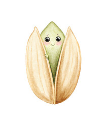 Watercolor smiling green cute pistachio in shell isolated on white background. Hand drawn illustration sketch
