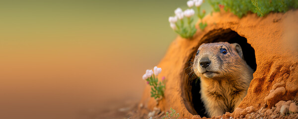 Groundhog Peeking out of Burrow Hole, Groundhog Day Concept, Social Media Banner, Copy Space for Text, Isolated Background, Generative AI