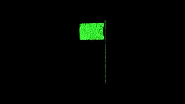 3D flag on flagpole rotates on black background. Object consisting of green flickering particles 60 FPS. Science concept. Abstract bg for title, presentation. Screensaver. 3D animation
