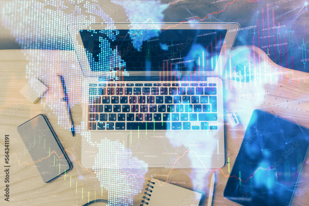 Poster Multi exposure of forex graph and work space with computer. Concept of international online trading.