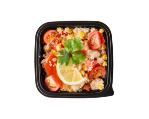 A dish in a black disposable container from catering on a concrete background, dietary catering, ready meals with you, healthy food