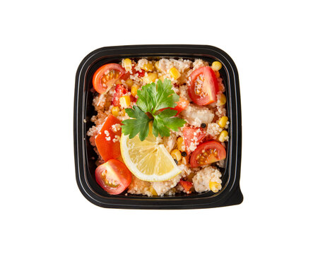 A dish in a black disposable container from catering on a concrete background, dietary catering, ready meals with you, healthy food
