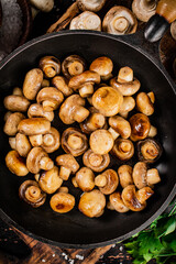 Frying pan with fried small mushrooms with parsley. 