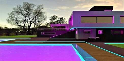 Weel-groomed territory of the upscale estate illuminated in turquoise and purple. Glowing swimming pool surface at night. 3d rendering.