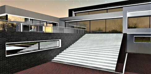 Fototapeta premium Amazing concrete staircase with white glowing steps. Contemporary upscale architecture at night. 3d rendering.