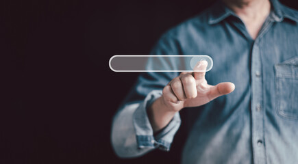 The customer points his finger at the search bar on the virtual screen. search engine concept, the...