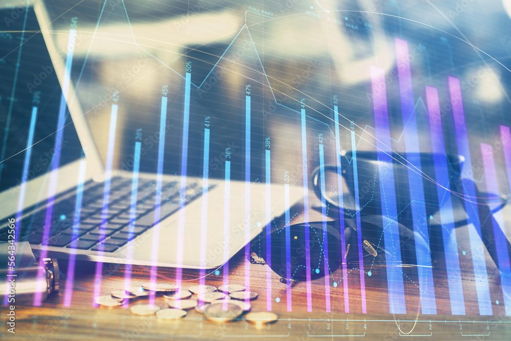 Poster multi exposure of forex graph and work space with computer. concept of international online trading.