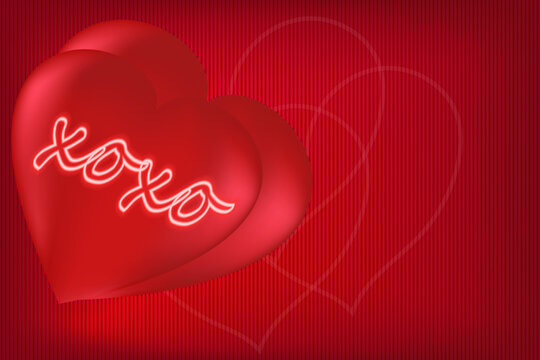 Two red hearts with the inscription XOXO on a red textured background with copy space. Concept for valentine's day, birthday, mother's day, women's day. Universal holiday background. Vector image
