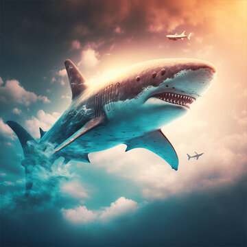 shark swim in the sky illustration design