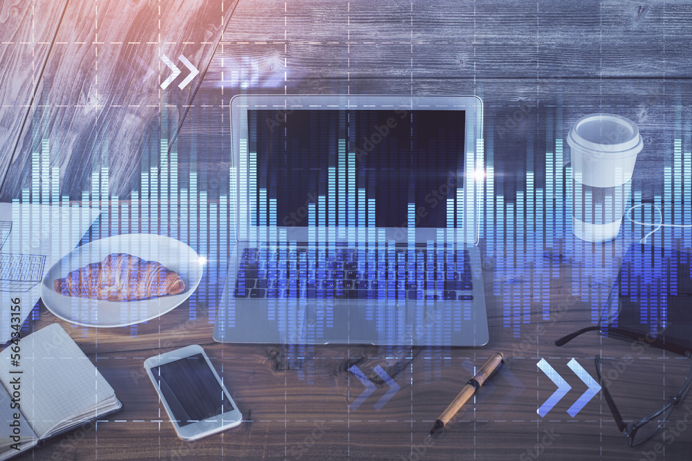 Poster multi exposure of forex graph and work space with computer. concept of international online trading.