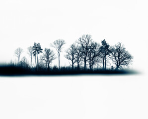 An island of dark gloomy forest with textured trees on a white background with turquoise ink effect...