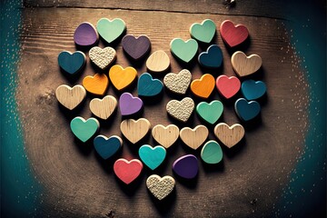 Love hearts on wooden texture background, valentines day card concept. Generative AI
