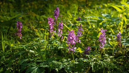 violet fumewort plant in forest thickets, seasonal romantic mood, tree trunks in background, light and shadow play, phytomedicine pagan religion and belief herb, spring awakening ecotourism concept