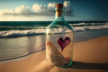 romantic bottle with a message at the beach. Generative AI