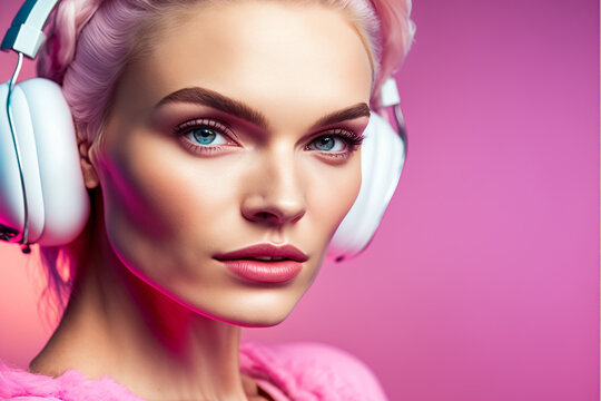 Fashion portrait. caucasian woman, beautiful pink haired woman wearing headphones, model, colorful, generative ai