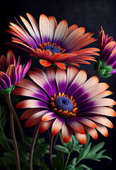 African daisies composition on black background.