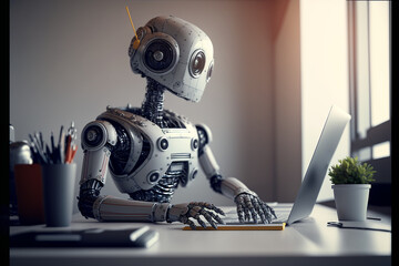 robot works on tasks at modern desk in minimal  High quality photo