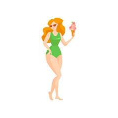 Woman in green swimsuit holding ice cream vector illustration. Cartoon drawing of girl in sunglasses eating ice cream cone isolated on white background. Summer, vacation, food concept