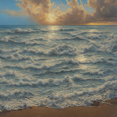 Beach waves with clouds textured oil painting generative ai art