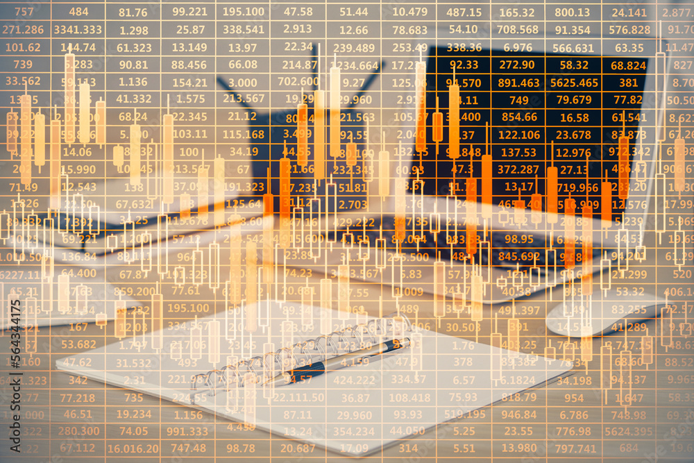 Poster Multi exposure of forex graph and work space with computer. Concept of international online trading.