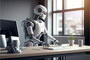 smart robot works on tasks at modern desk in minimal 
