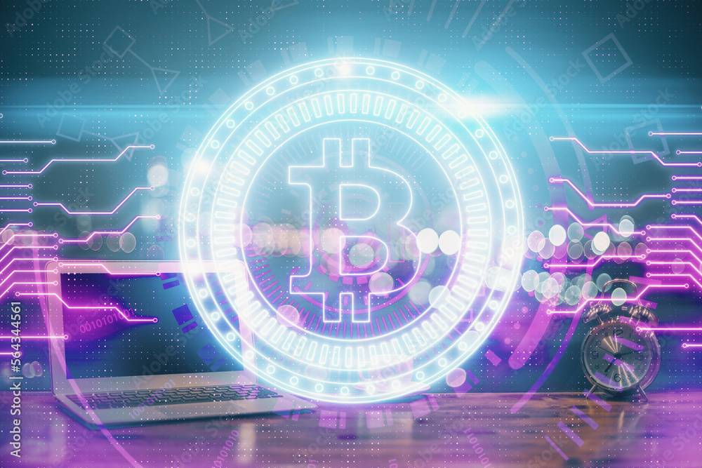 Poster Multi exposure of blockchain theme hologram and table with computer background. Concept of bitcoin crypto currency.