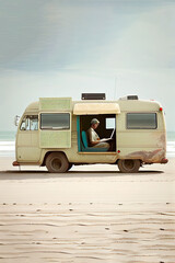 Indian software engineer workin on a camper van on the beach, van life, generative  ai 