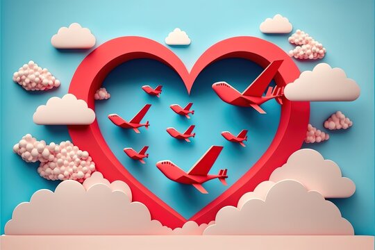 Paper art style of valentine's day greeting card and love concept.Red airplanes flying look like heart shape on clouds and blue sky.Vector illustration. Generative AI