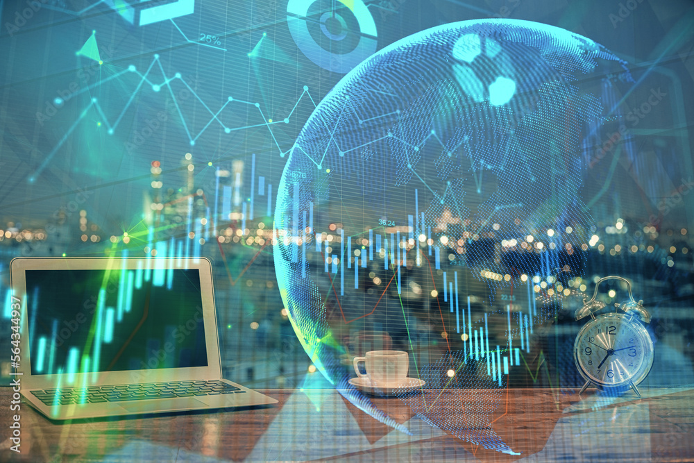 Poster Multi exposure of forex graph and work space with computer. Concept of international online trading.